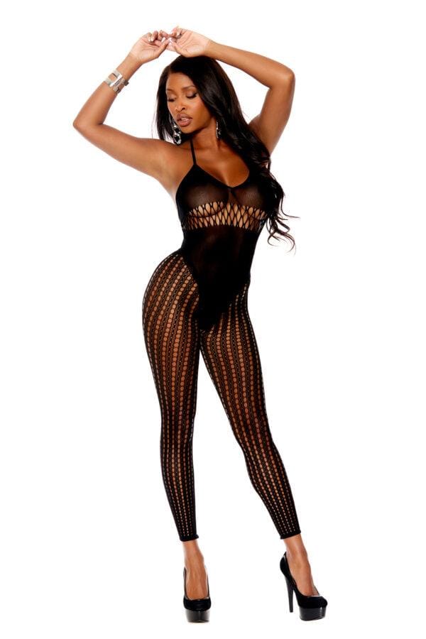 Crochet and Opaque Footless Bodystocking with Open Crotch. - 12077