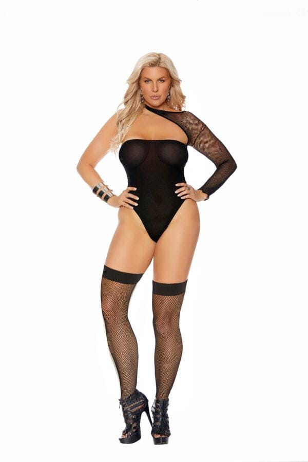 Opaque Teddy with Fishnet Sleeve and Matching Stockings. - 12083Q
