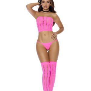 Opaque Pothole Bandeau Top, G-string and Matching Stockings. - 8680
