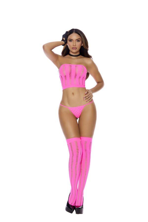Opaque Pothole Bandeau Top, G-string and Matching Stockings. - 8680